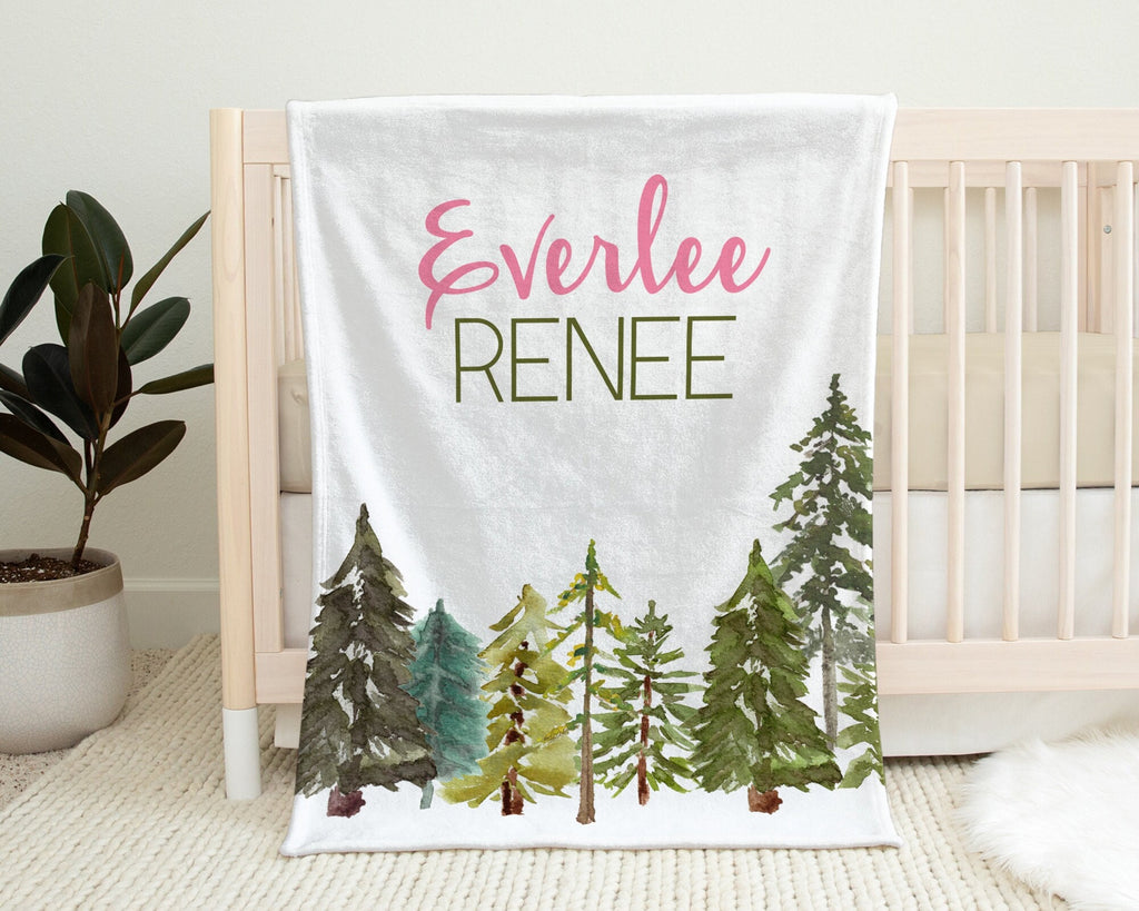 Pine tree baby blanket, woodland girl forest baby gift, outdoors theme name blanket, woodland nursery, baby girl shower gift with name