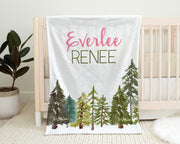 Pine tree baby blanket, woodland girl forest baby gift, outdoors theme name blanket, woodland nursery, baby girl shower gift with name