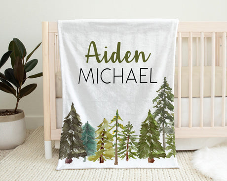 Baby blanket with pine trees, newborn forest blanket with name, woods baby swaddle, outdoors adventure baby gift, forest baby nursery