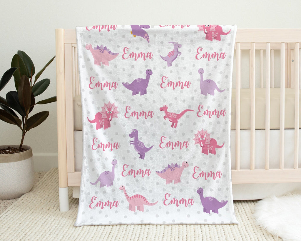 Dinosaur Girl blanket, personalized newborn blanket with name, dinosaur gift, pink dinosaur nursery blanket