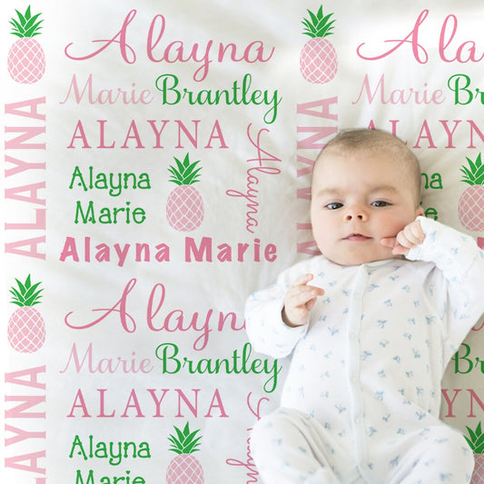 Pineapple baby blanket, personalized girl blanket with name, newborn pineapple baby gift, pink pineapple, pink tropical (CHOOSE COLORS)