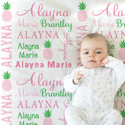 Pineapple baby blanket, personalized girl blanket with name, newborn pineapple baby gift, pink pineapple, pink tropical (CHOOSE COLORS)