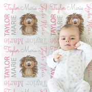 Hedgehog baby blanket, pink girl personalized hedgehog blanket with name, newborn baby hedgehogs gift, baby girl swaddle (CHOOSE COLORS)