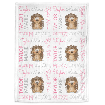 Hedgehog baby blanket, pink girl personalized hedgehog blanket with name, newborn baby hedgehogs gift, baby girl swaddle (CHOOSE COLORS)