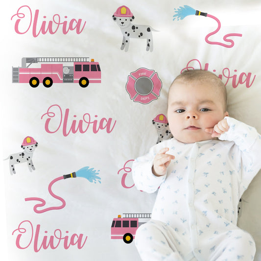 Pink girl fire truck blanket, firefighter personalized blanket, fireman name blanket, firetruck baby gift, personalized swaddle name blanket