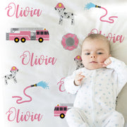 Pink girl fire truck blanket, firefighter personalized blanket, fireman name blanket, firetruck baby gift, personalized swaddle name blanket