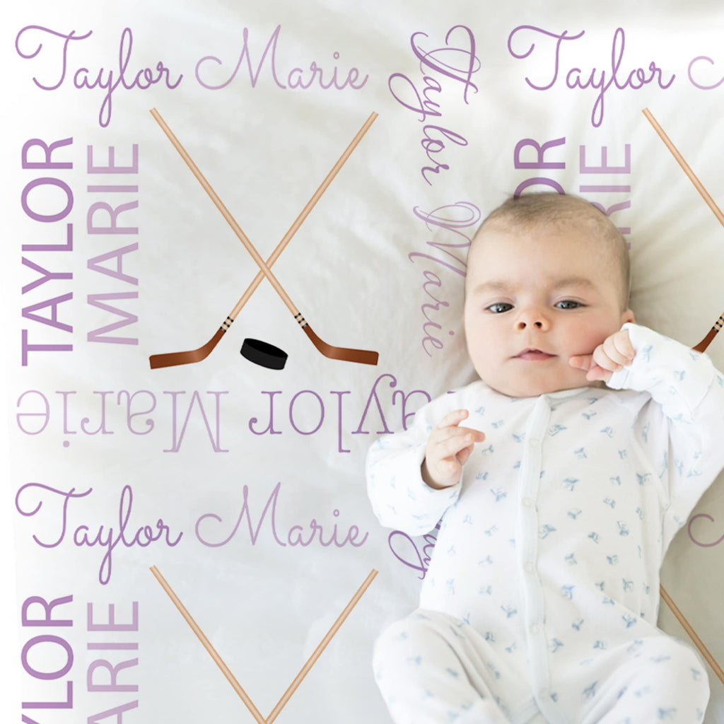 Hockey baby blanket for baby girl, personalized hockey puck blanket, purple hockey theme baby gift with name (CHOOSE COLORS)