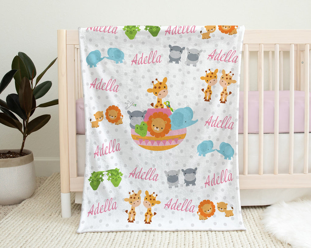 Personalized noah's ark baby blanket, newborn ark animals name blanket, bible animals baby swaddle, cute Noah's ark baby gift (CHOOSE COLOR)