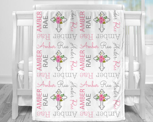 Personalized Baptism Cross with Flowers Baby Name Blanket Girl
