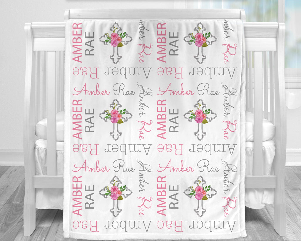 Baptism baby blanket, girl personalized christening blanket, newborn religious gift with name and cross with pink flowers for baby girl