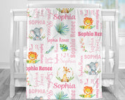 Safari Animals baby blanket, newborn girl personalized blanket with name, safari baby gift in pink, safari theme nursery blanket
