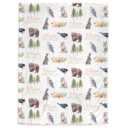 Forest animals girl baby blanket, personalized baby name gift, newborn woodland animals  gift, baby girl pine tree swaddle blanket