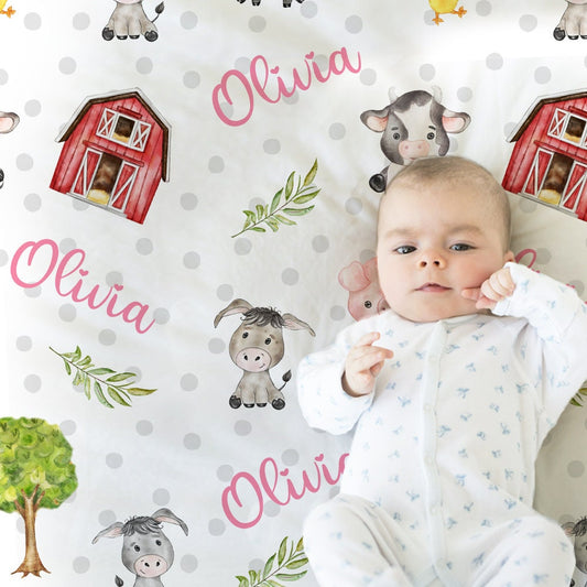 Farm animals girl baby blanket, personalized baby name gift, barnyard animals baby gift, baby girl cow, pig, barn newborn swaddle blanket