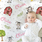 Farm animals girl baby blanket, personalized baby name gift, barnyard animals baby gift, baby girl cow, pig, barn newborn swaddle blanket