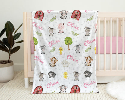 Farm animals girl baby blanket, personalized baby name gift, barnyard animals baby gift, baby girl cow, pig, barn newborn swaddle blanket