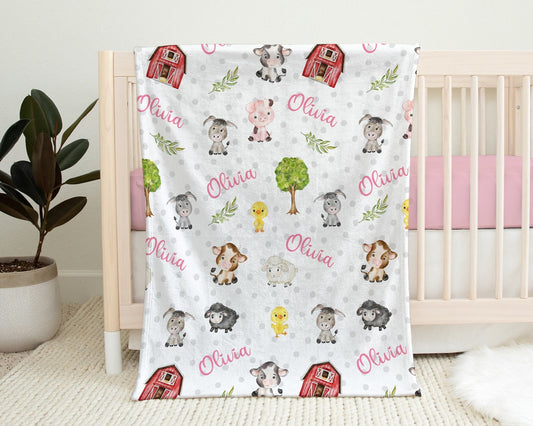 Farm animals girl baby blanket, personalized baby name gift, barnyard animals baby gift, baby girl cow, pig, barn newborn swaddle blanket