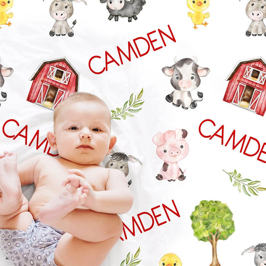 Farm animals baby blanket, personalized baby name gift, barnyard animals baby gift, baby cow, pig, barn swaddle blanket