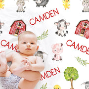 Farm animals baby blanket, personalized baby name gift, barnyard animals baby gift, baby cow, pig, barn swaddle blanket
