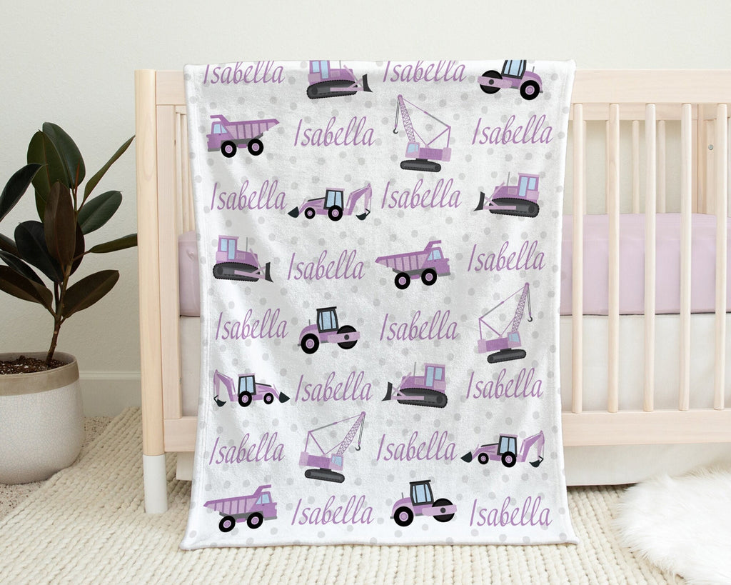 Purple construction trucks name blanket, baby girl dump truck girl blanket, construction baby, personalized baby gift, custom name blanket