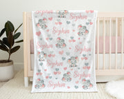 Elephant baby blanket, hearts pink, girl , personalized name blanket, newborn baby gift, elephant nursery (CHOOSE COLORS)