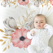 Pink Flowers baby blanket, personalized baby name gift, pink and gray flowers, girl newborn gift, floral swaddle blanket
