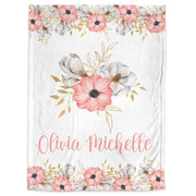 Pink Flowers baby blanket, personalized baby name gift, pink and gray flowers, girl newborn gift, floral swaddle blanket