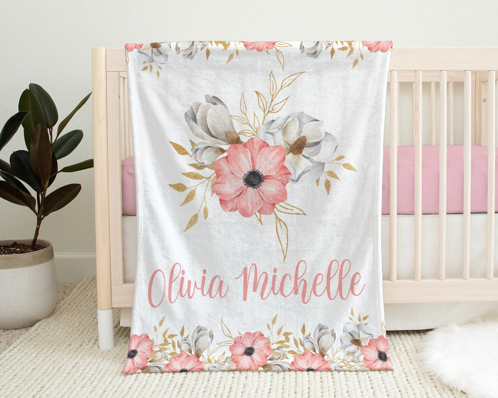 Pink Flowers baby blanket, personalized baby name gift, pink and gray flowers, girl newborn gift, floral swaddle blanket