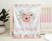Pink Flowers baby blanket, personalized baby name gift, pink and gray flowers, girl newborn gift, floral swaddle blanket