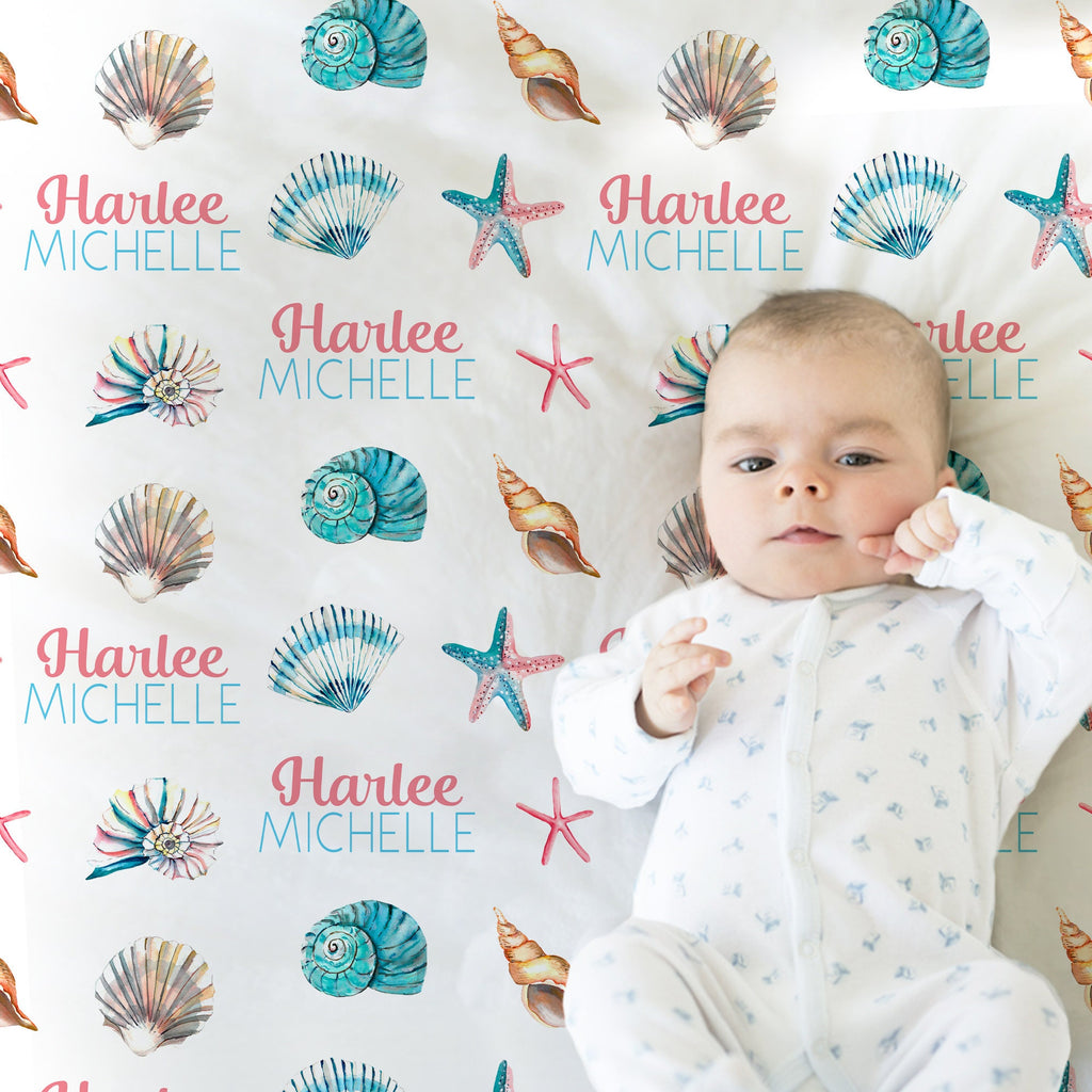 Seashells baby blanket, personalized ocean newborn name gift, sea theme baby gift, sea shells girl gift, seashore swaddle blanket