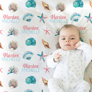 Seashells baby blanket, personalized ocean newborn name gift, sea theme baby gift, sea shells girl gift, seashore swaddle blanket