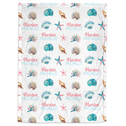 Seashells baby blanket, personalized ocean newborn name gift, sea theme baby gift, sea shells girl gift, seashore swaddle blanket