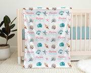 Seashells baby blanket, personalized ocean newborn name gift, sea theme baby gift, sea shells girl gift, seashore swaddle blanket
