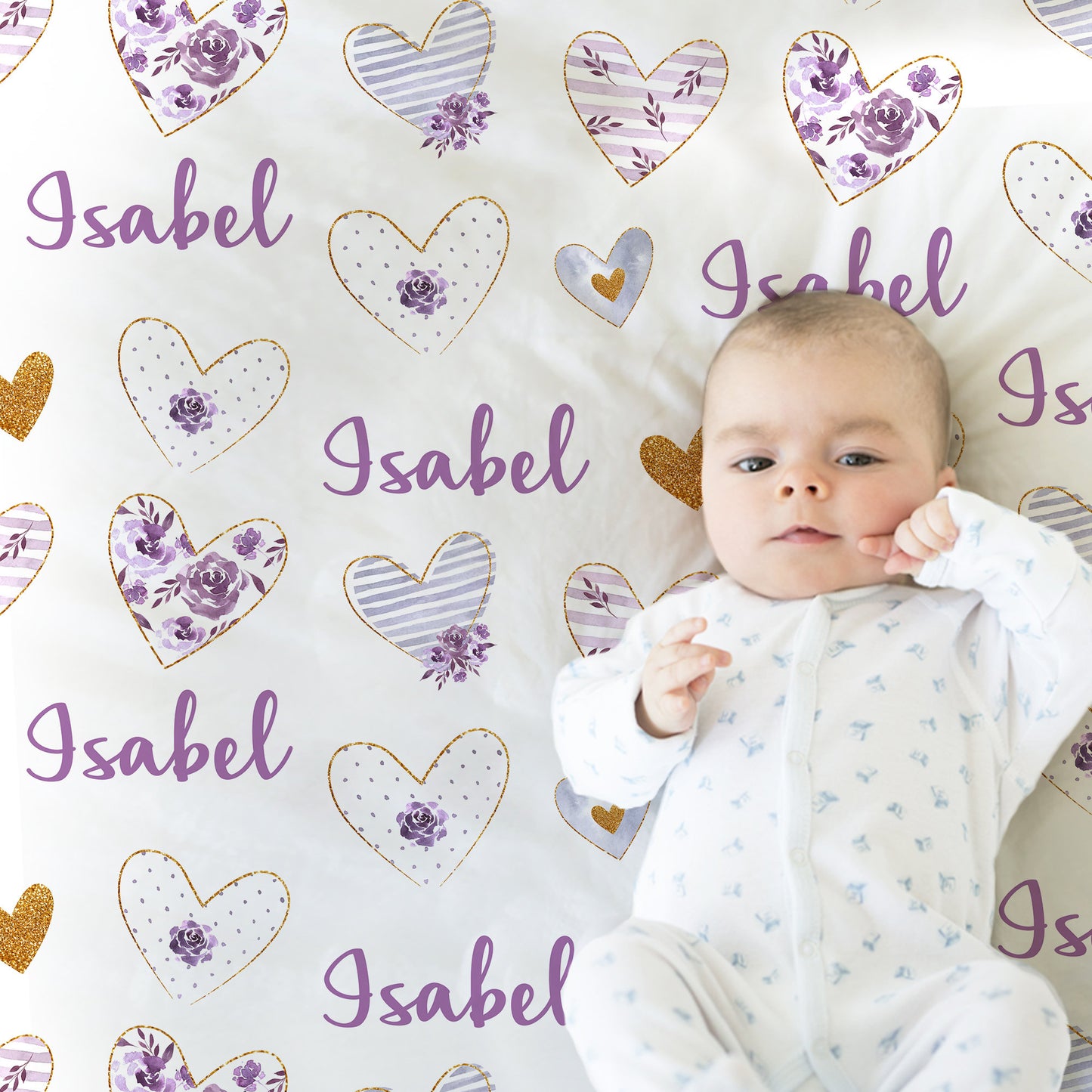 Hearts baby blanket, purple personalized newborn baby gift, Valentine's Kids Blanket, hearts and flowers girl gift, heart swaddle blanket