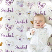 Hearts baby blanket, purple personalized newborn baby gift, Valentine's Kids Blanket, hearts and flowers girl gift, heart swaddle blanket