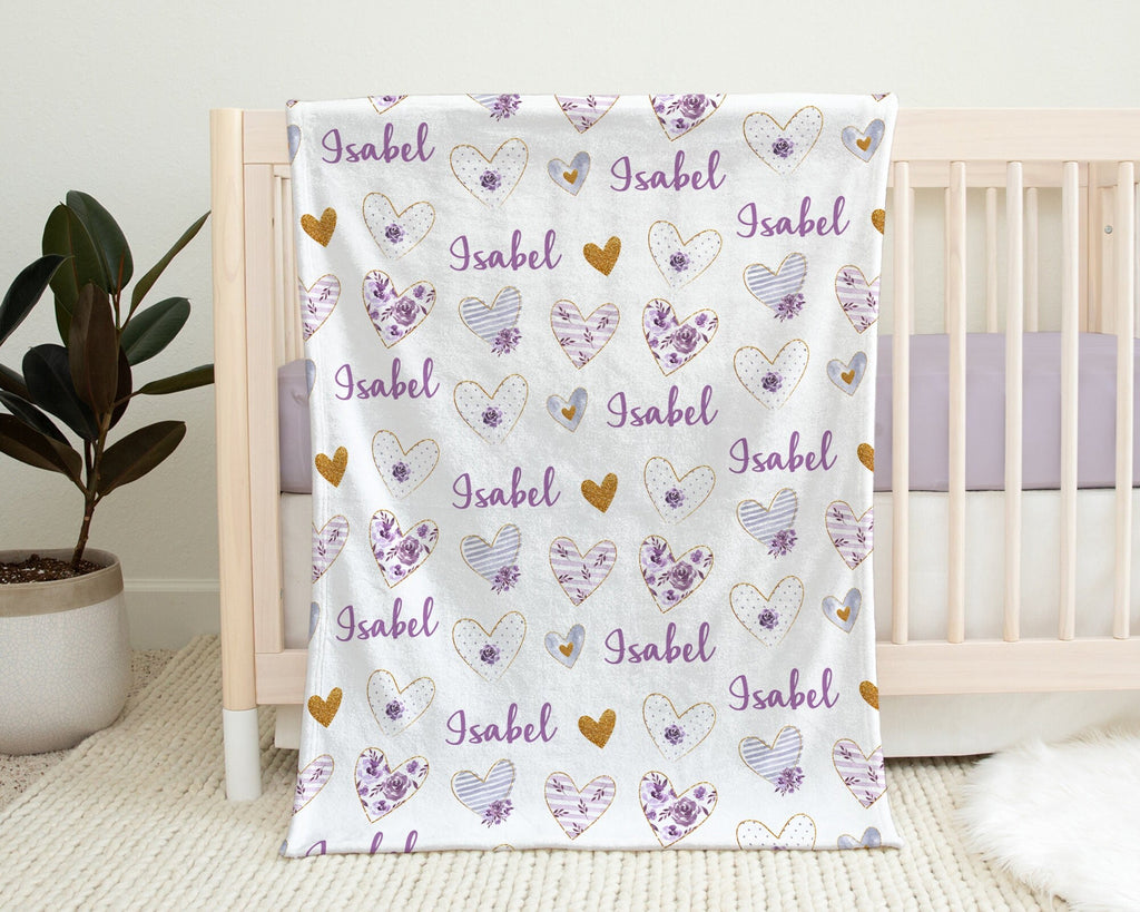 Hearts baby blanket, purple personalized newborn baby gift, Valentine's Kids Blanket, hearts and flowers girl gift, heart swaddle blanket