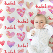 Valentines baby blanket, watercolor hearts personalized newborn baby gift, Valentine's Kids Blanket, hearts girl gift, heart swaddle blanket
