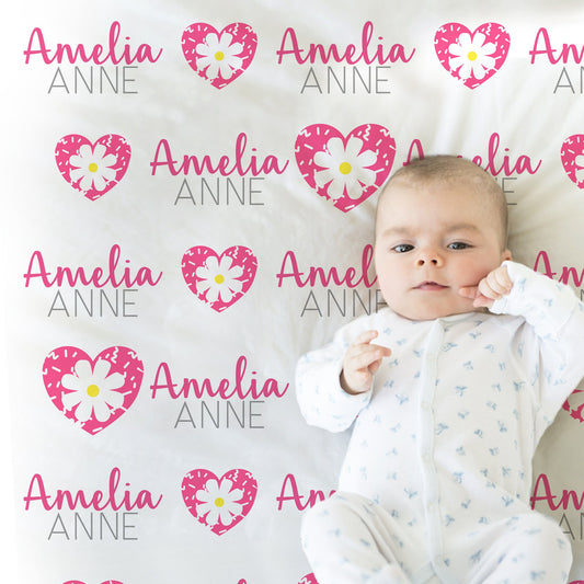 Hearts baby blanket, pink heart with flower personalized newborn baby gift, Valentine's Kids Blanket, toddler gift, heart swaddle blanket