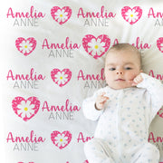 Hearts baby blanket, pink heart with flower personalized newborn baby gift, Valentine's Kids Blanket, toddler gift, heart swaddle blanket