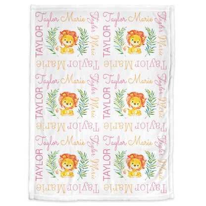 Newborn lion baby blanket, greenery lion personalized baby name blanket, girls watercolor lion baby gift, girls or boys, (CHOOSE COLORS)