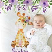 Giraffe baby girl name blanket, floral personalized newborn swaddle blanket with name, purple flower girls giraffe baby gift, flower animal