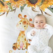 Giraffe baby blanket with sunflowers, newborn giraffes name blanket, personalized baby girl giraffe gift, floral girl swaddle with giraffes