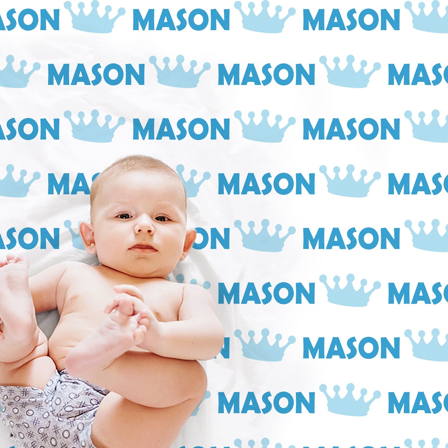 Baby boy prince name blanket, royal crown newborn blanket, blue and white crown baby blanket, personalized prince baby gift (CHOOSE COLORS)