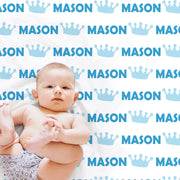 Baby boy prince name blanket, royal crown newborn blanket, blue and white crown baby blanket, personalized prince baby gift (CHOOSE COLORS)