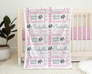 Pink and gray elephant baby name blanket, personalized blanket with elephants, newborn baby girl elephant gift,  boy or girl (CHOOSE COLORS)