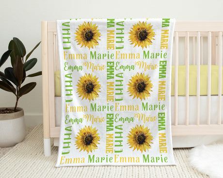 Sunflowers baby blanket, sunflower girl personalized name swaddle blanket, newborn floral baby gift, sunflower gift (CHOOSE COLORS)