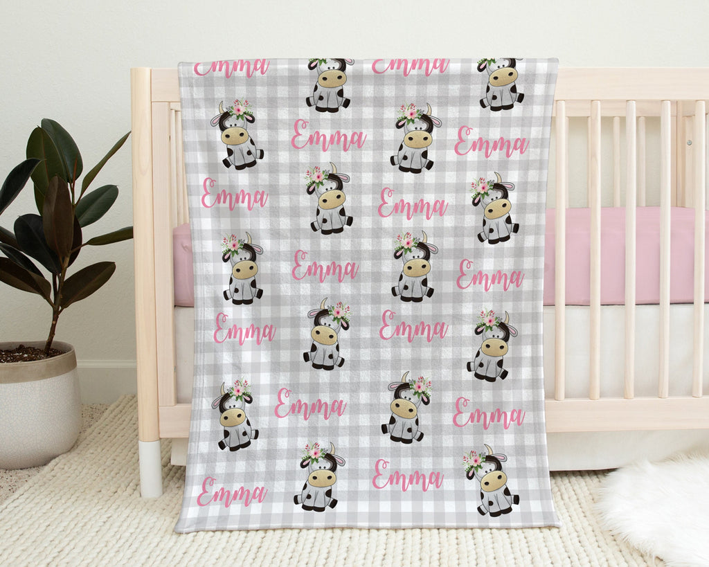 Personalized cow baby blanket, newborn baby girl farm cow name blanket, floral farm polka dot animal baby girls gift, (CHOOSE COLORS)