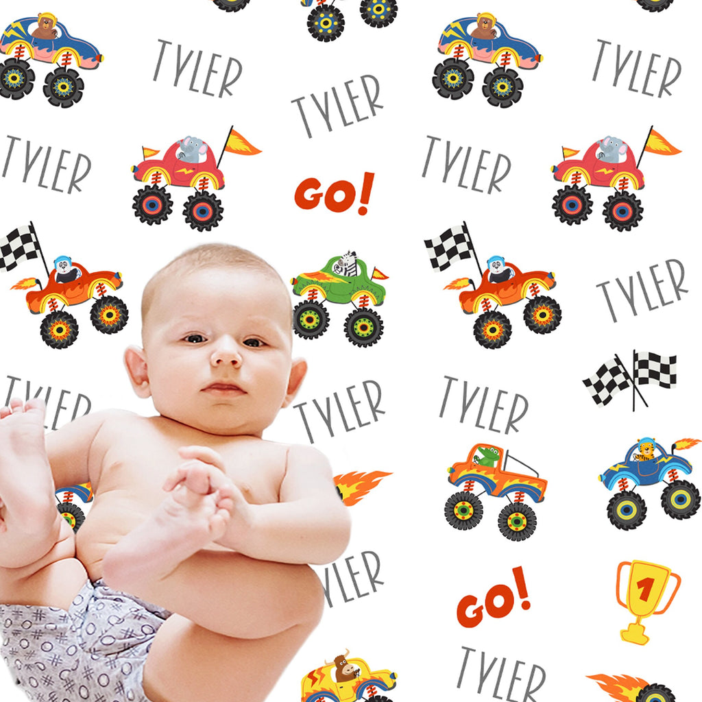 Monster truck name blanket, cute animals boy newborn blanket, personalized truck baby gift, newborn nursery, swaddle