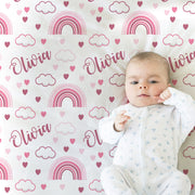 Boho rainbow blanket in pink baby name swaddle blanket, personalized baby girl gift, newborn, pink rainbows clouds and hearts