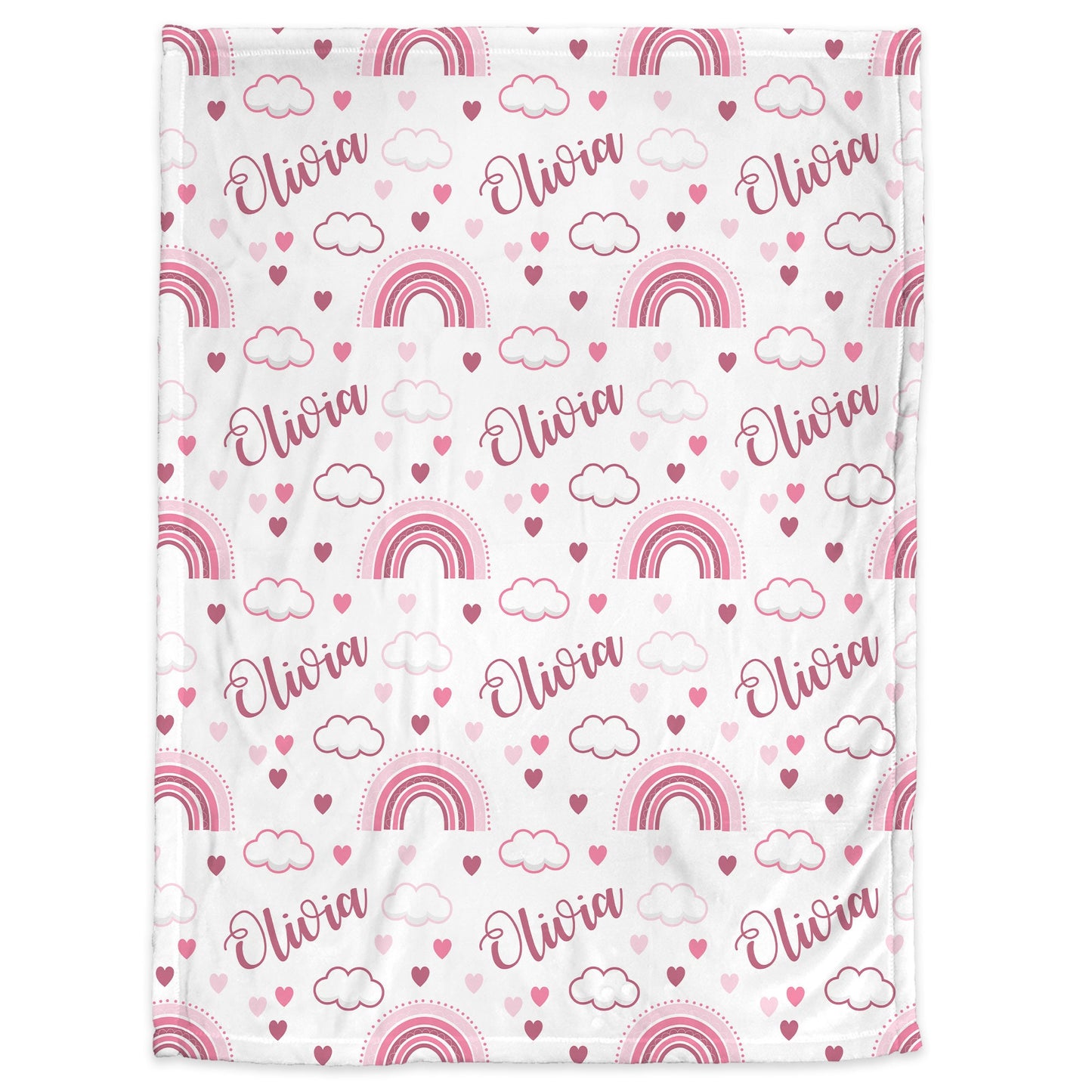 Boho rainbow blanket in pink baby name swaddle blanket, personalized baby girl gift, newborn, pink rainbows clouds and hearts