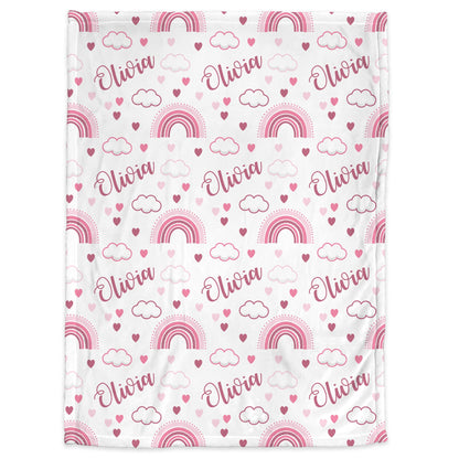 Boho rainbow blanket in pink baby name swaddle blanket, personalized baby girl gift, newborn, pink rainbows clouds and hearts